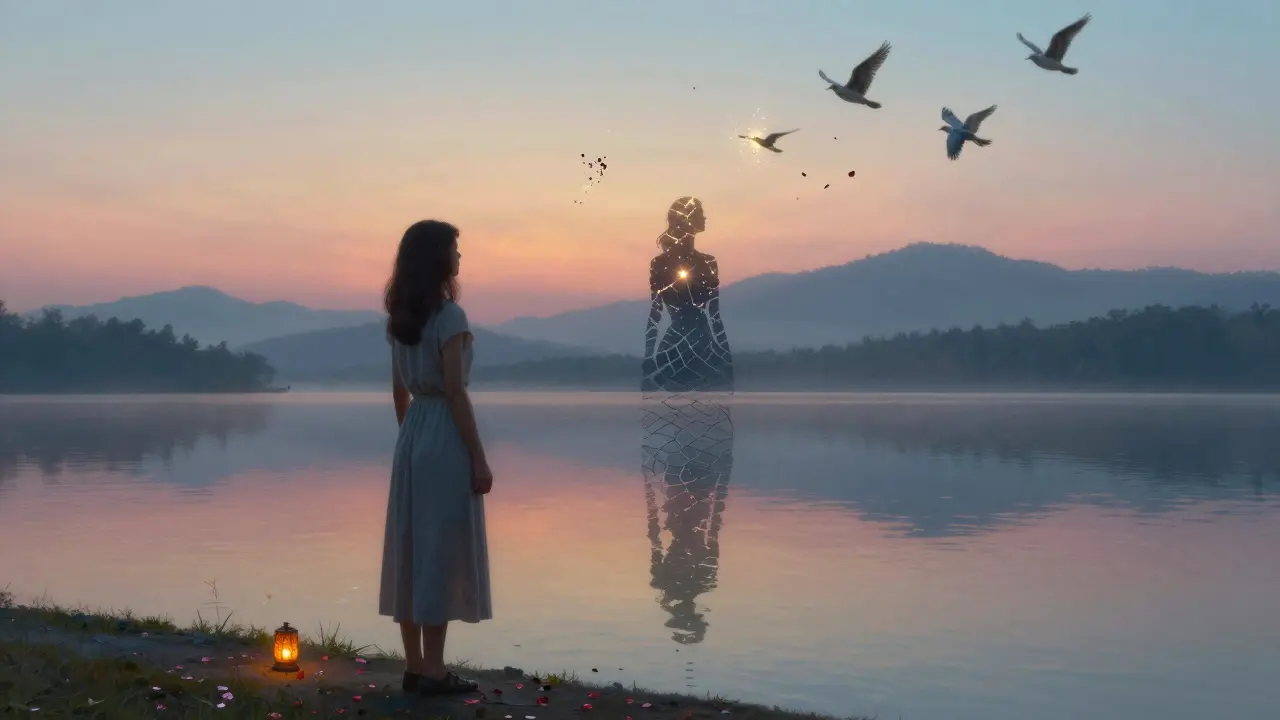 Žena stojí u jezera, její odraz se mění z rozbitého obrazu na celistvou, zářící postavu.