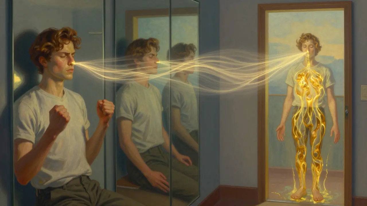 Zrcadla ukazují postupnou relaxaci těla od napětí k klidu, osvětlené jemným světlem.