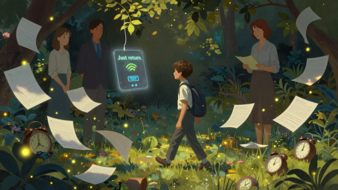 Dítě chodí po zámecké cestě, kde každý krok mění nepořádek na světélkující jiskry.