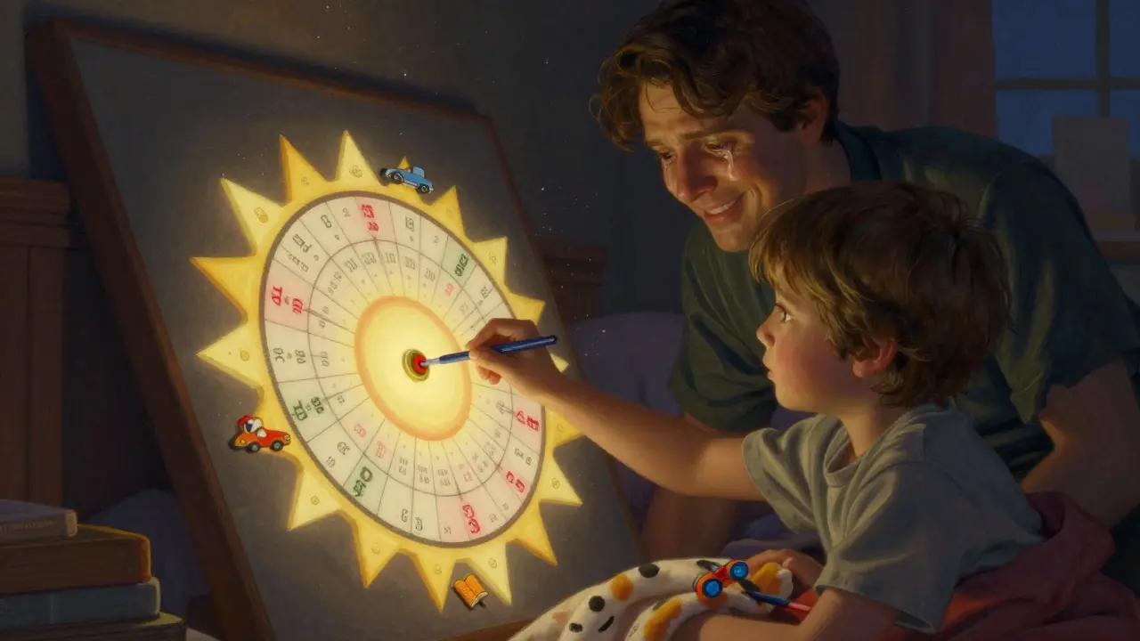 Dítě dokončuje odměňovací tabuli v posteli, jemné světlo osvětluje odměny.