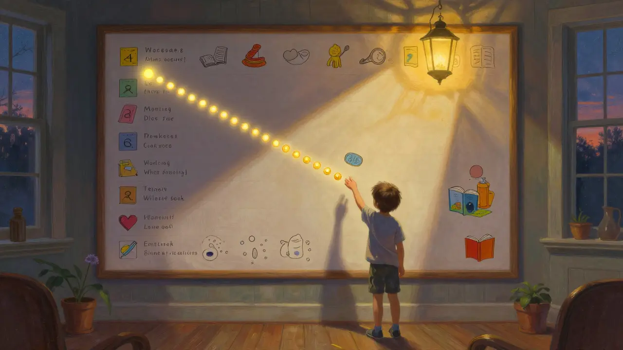 Dítě před vizuálním plánovačem na stěně, zářící odměny v pozadí.