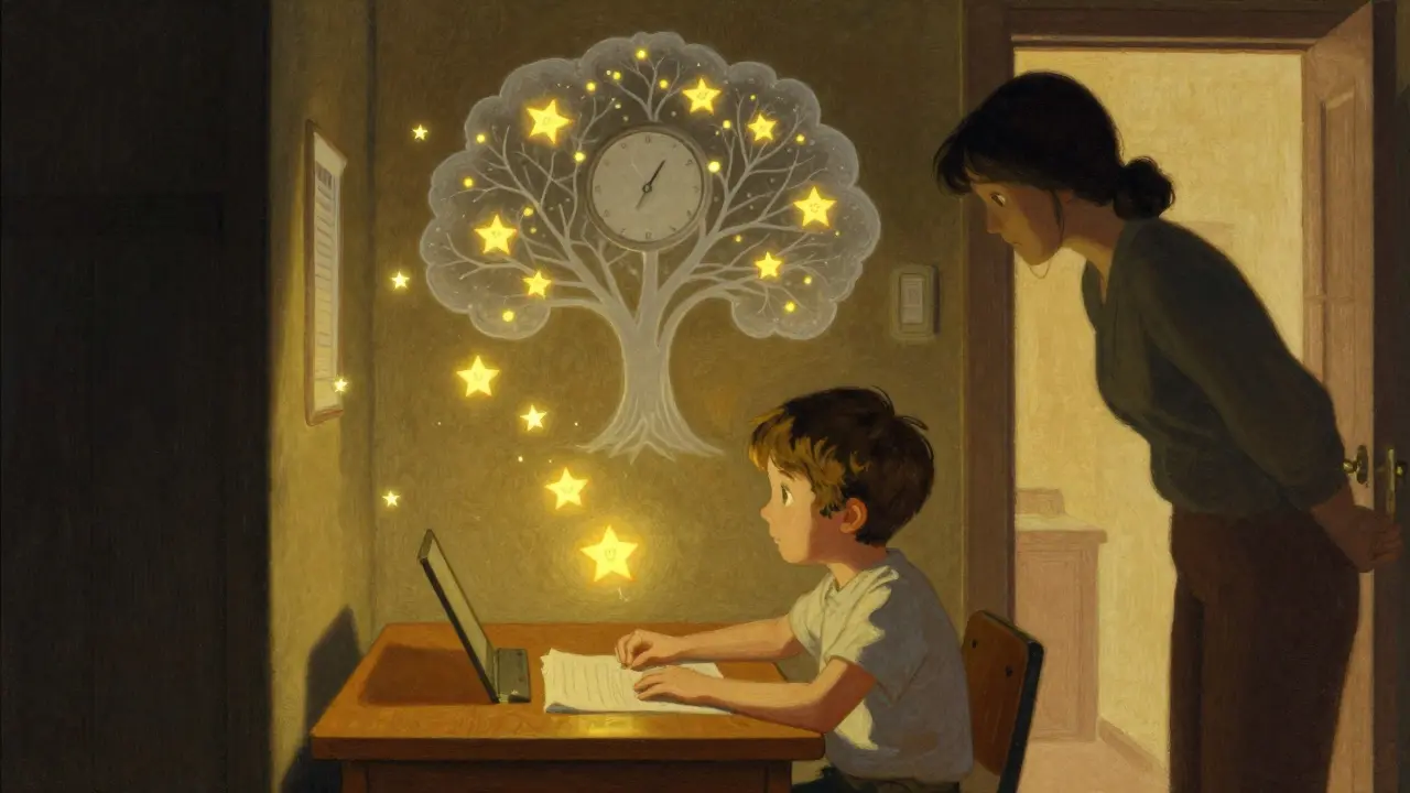 Dítě sedí klidně u stolu, zatímco zlaté hvězdy plavou kolem něj.