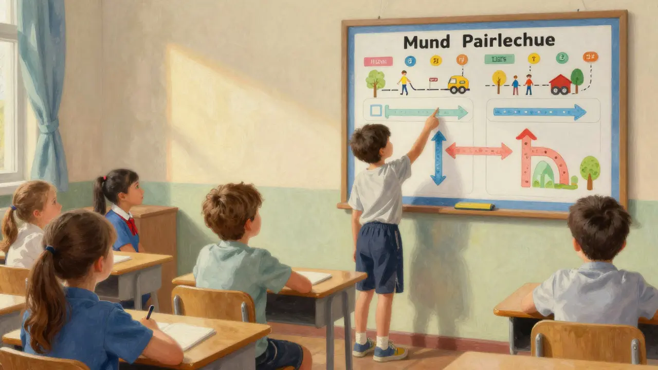 Dítě volí mezi dvěma cestami do školy na vizuálním plánu v třídě s jemným osvětlením.