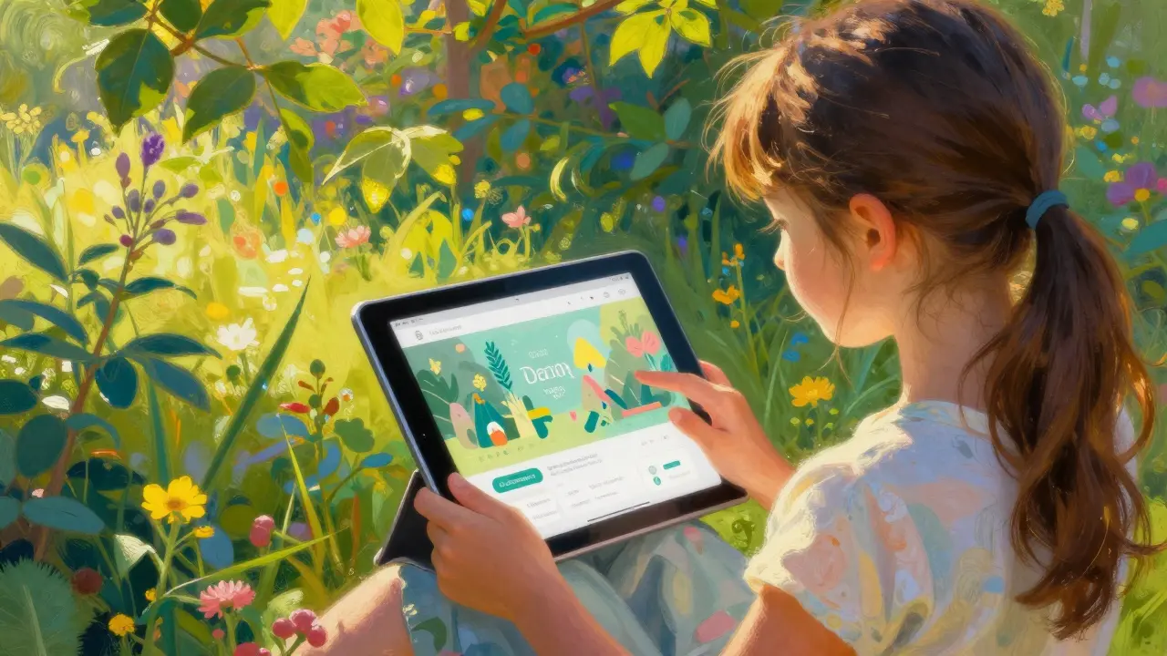 Dívka s tabletem v zahradě s digitální terapií