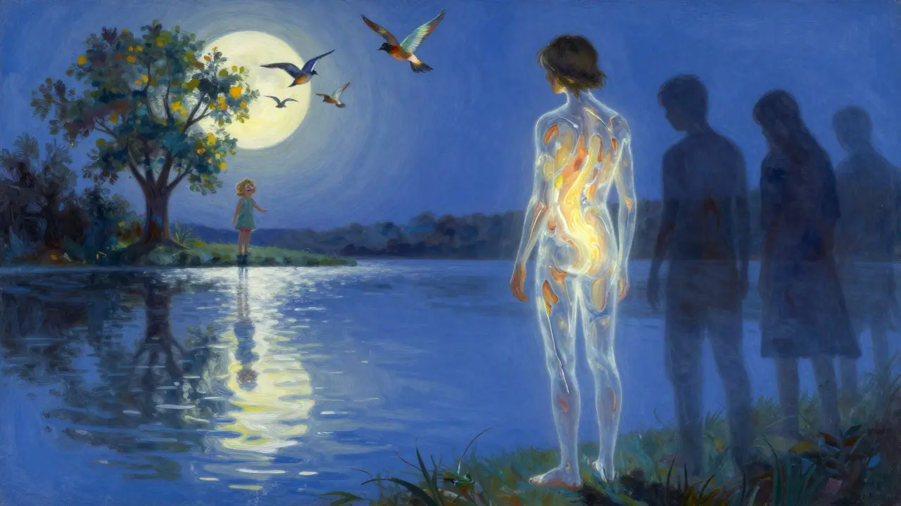 Dospělý člověk stojí u jezera, jeho tělo je průhledné a vnitřní světlo odrazuje dětství pod sluncem.