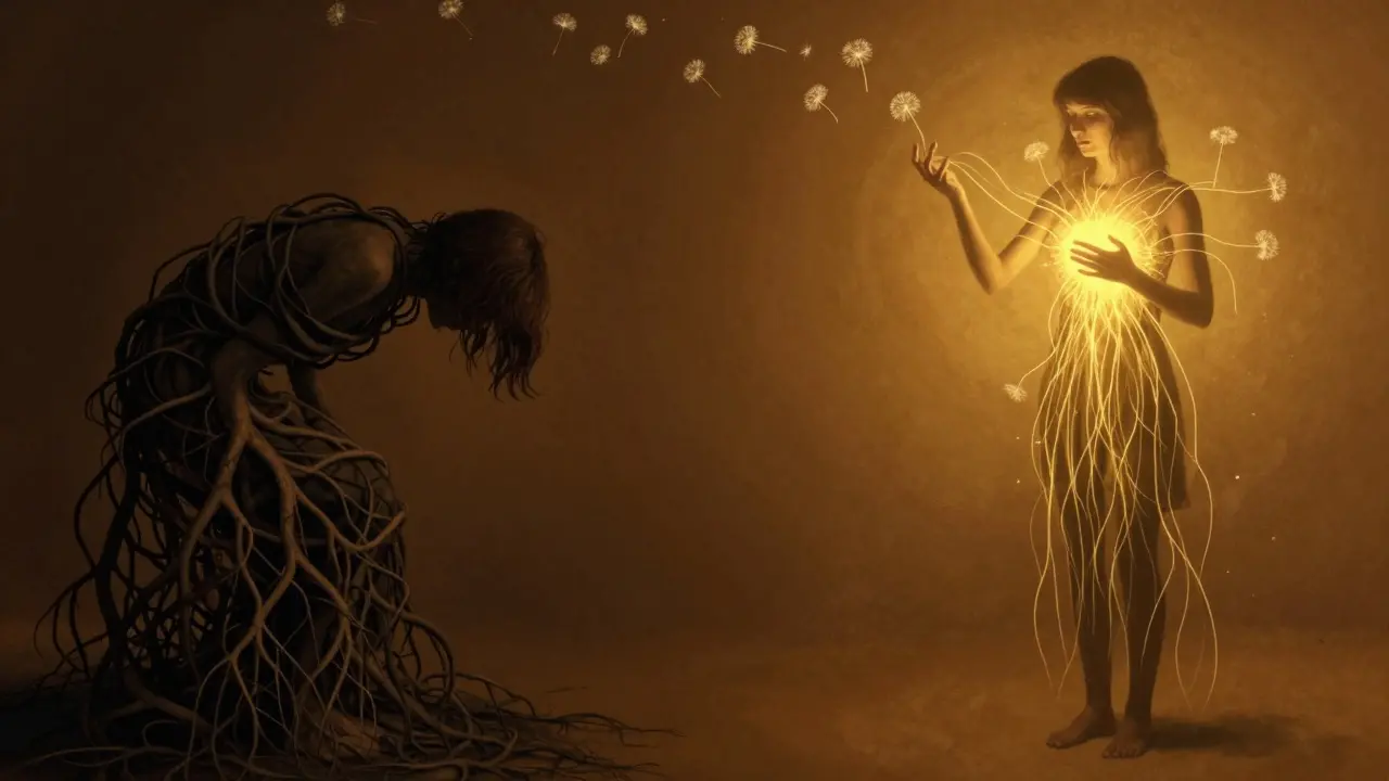 Dvě části scény: jedna ukazuje strach jako kmeny kořenů, druhá ukazuje osvobození zlatými vlákny a pěněžkami.