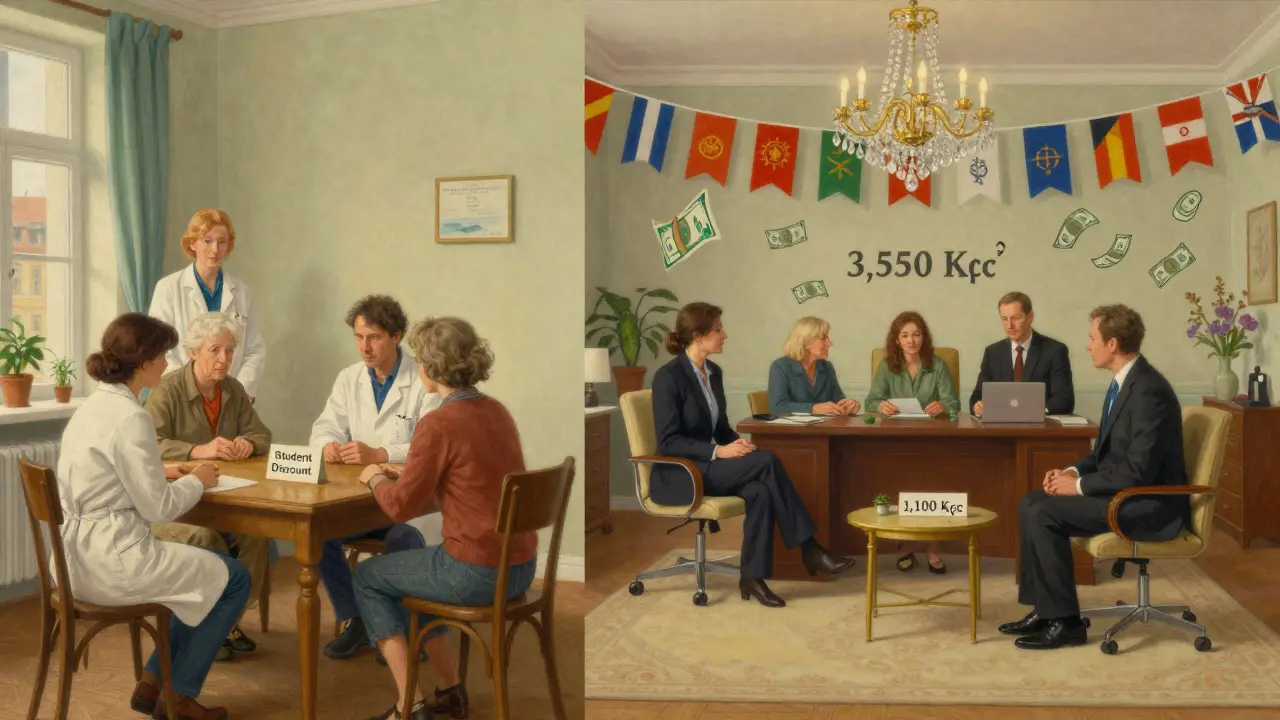 Dvě scény: akademická terapie v Olomouci za 1 100 Kč a drahá anglická terapie v Praze za 3 550 Kč.