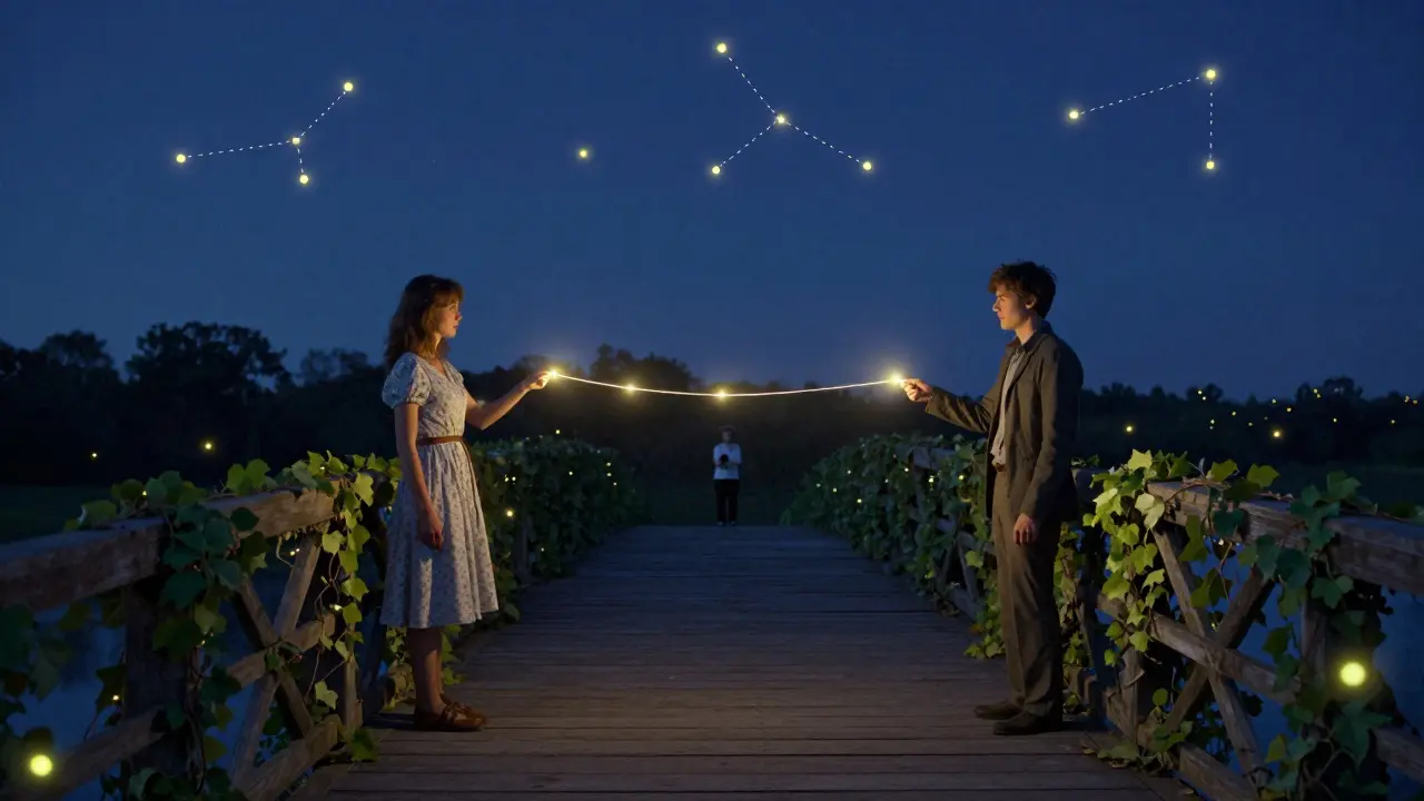 Dvojice na mostě spojuje světelné vlákno, kolem nich se objevují hvězdy představující znaky zlepšení vztahu.