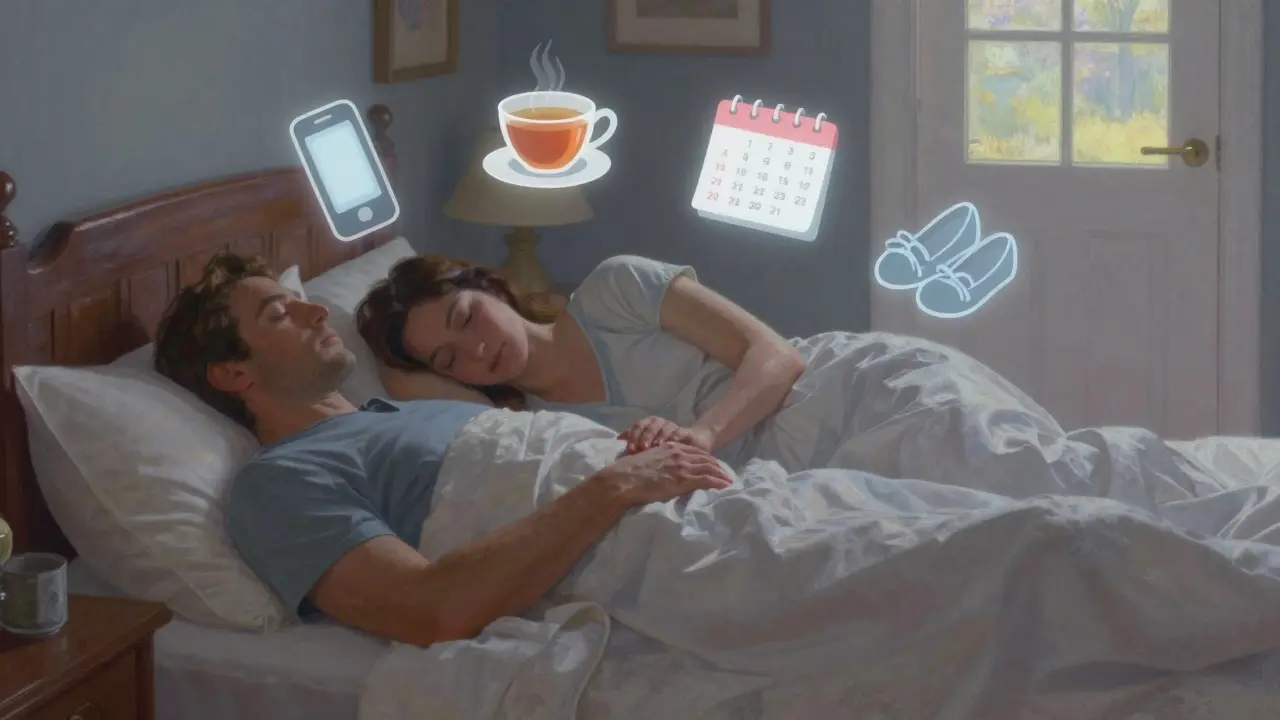 Dvojice spí v posteli, jedna ruka leží na druhé, nad nimi plavou drobné symboly každodenních změn v vztahu.
