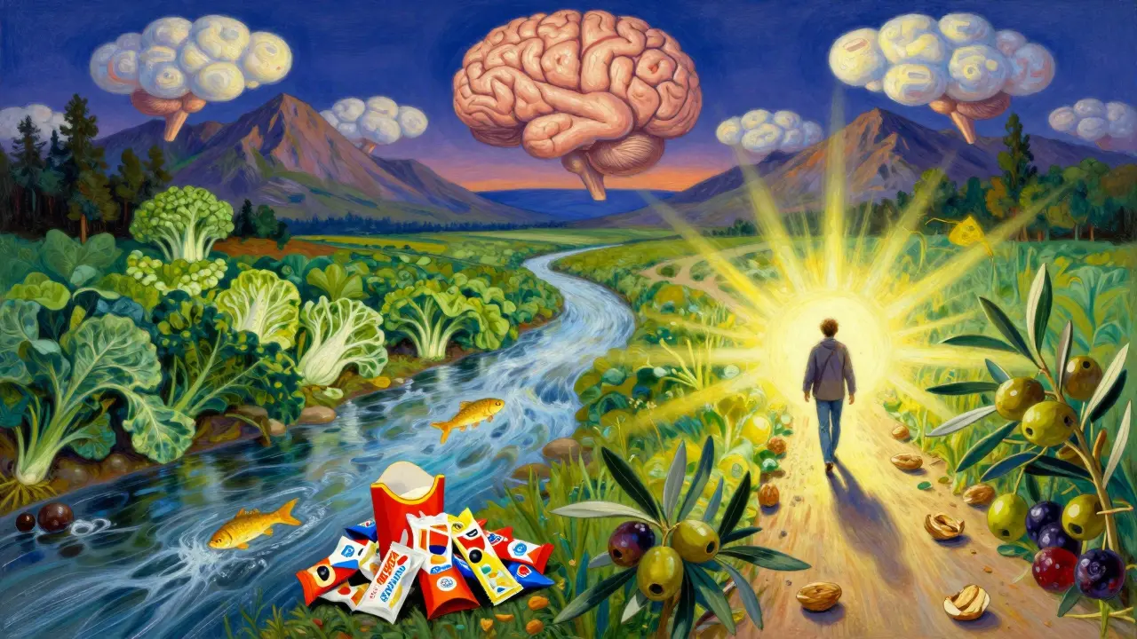 Krajina s řekou potravin a mozkovitými horami, kde člověk opouští nezdravé jídlo směrem k živým potravinám.
