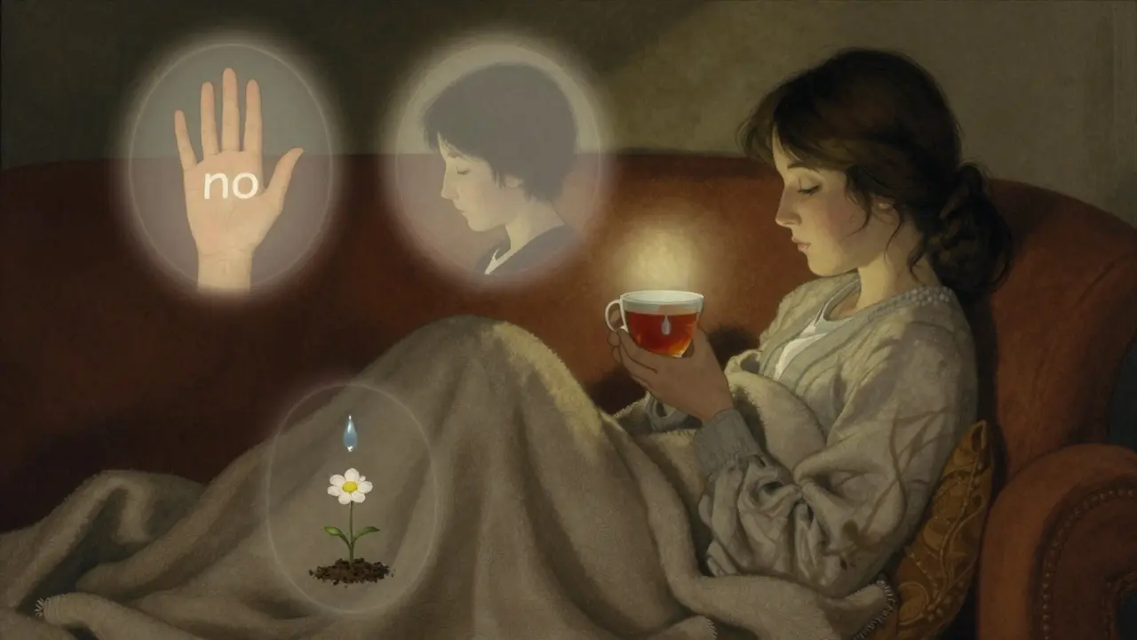 Osoba leží na gauči pod přikrývkou, kolem ní plují vzpomínky z terapie.