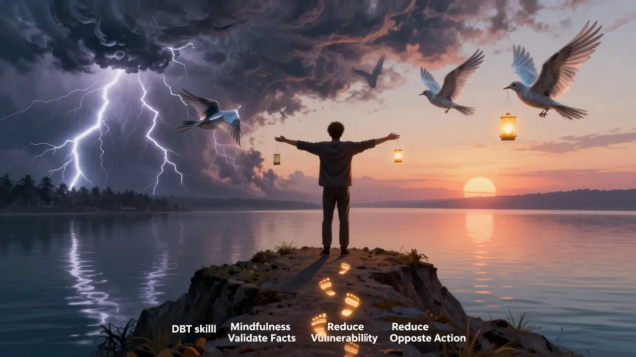 Osoba na skále na ranném světle, kde bouře a klid soupeří, zatímco světlé stopy vede k lepšímu životu.