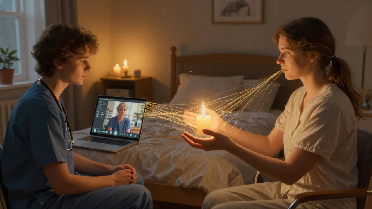 Osoba přechází z digitálního sezení do osobního setkání, spojená zlatými vlákny, symbolizujícími hybridní přístup k terapii.