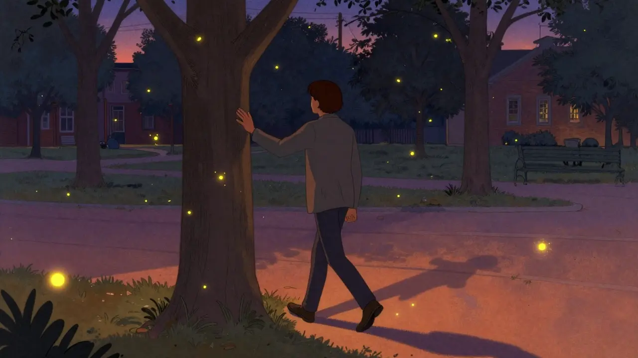 Osoba prochází parkem ve šero, kolem ní plují zlaté vřeteny jako symbol klidu.