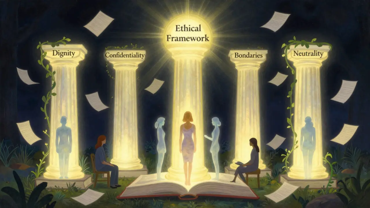 Pět zářivých sloupů symbolizujících etické principy psychoterapie, osvětlených nebeským světlem.