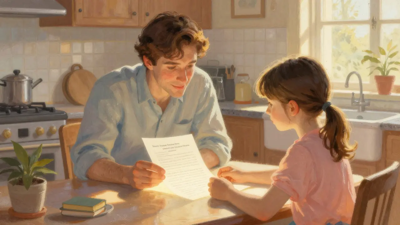 Rodič a student s daňovou výhodou u stolu v teplém světle