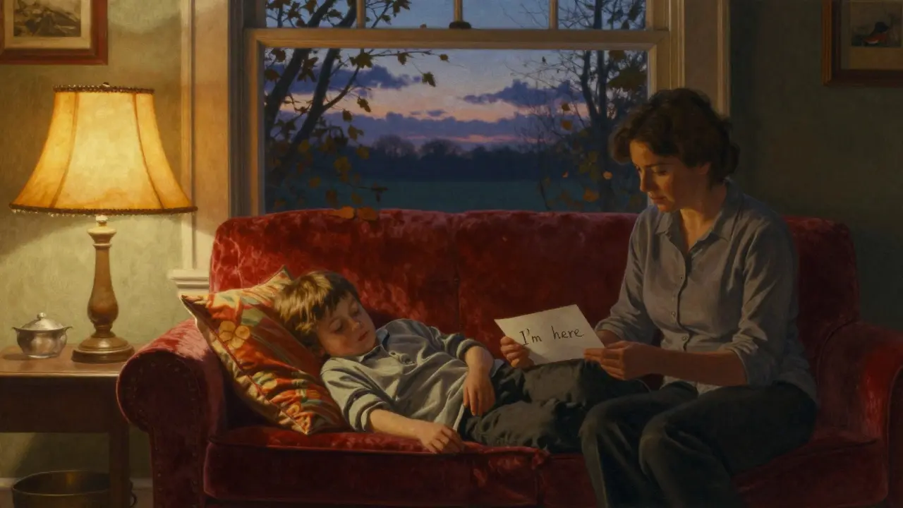 Rodina spí v novém domě, ale zachovává stejné polštáře a lampu — bezpečí v proměnlivém světě.