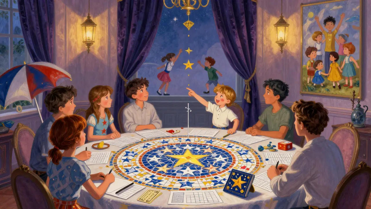 Rodina společně sleduje plán odměn s různými symbolickými odměnami.