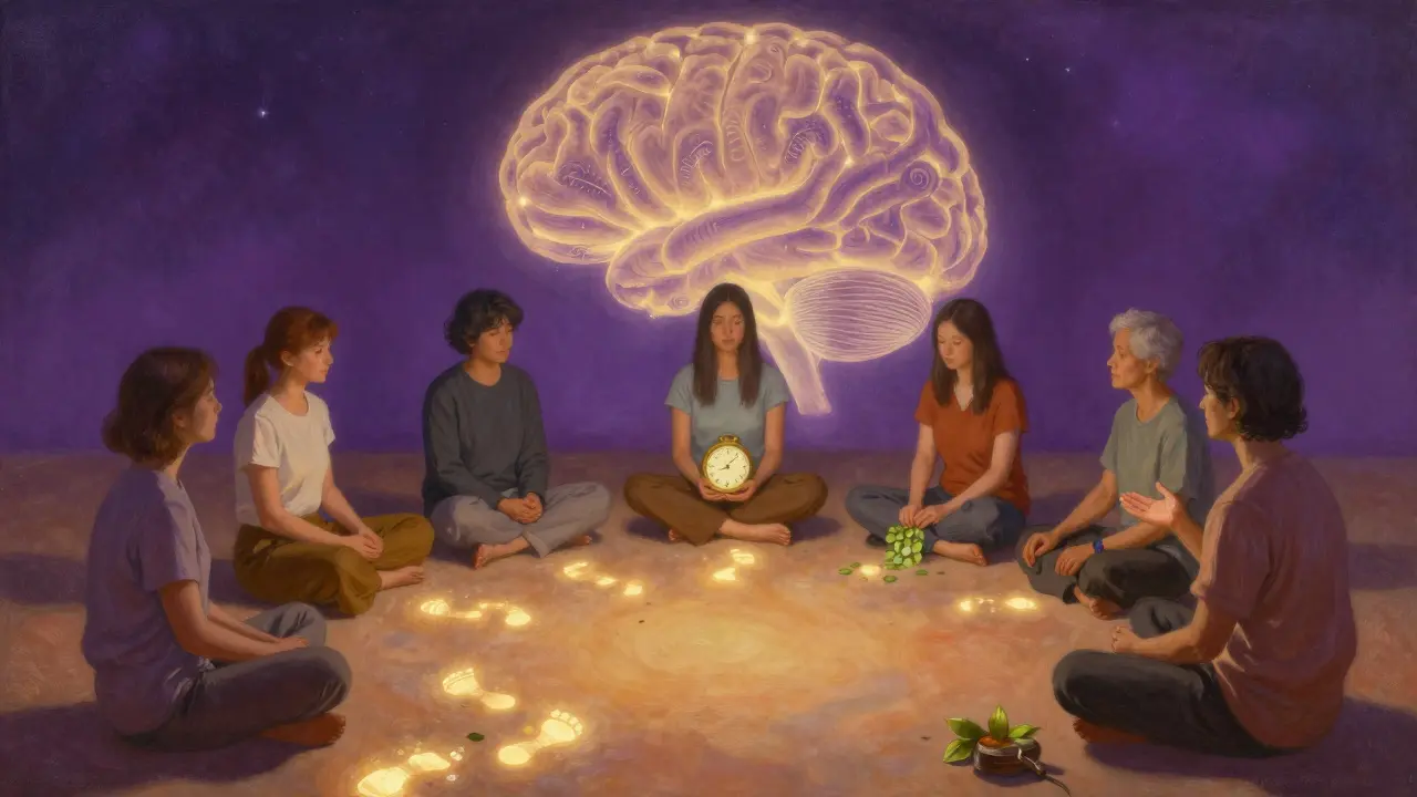 Skupina lidí s ADHD v terapii, kde jeden cvičí chůzi, zatímco jejich mozek klidně zhasíná hluk.