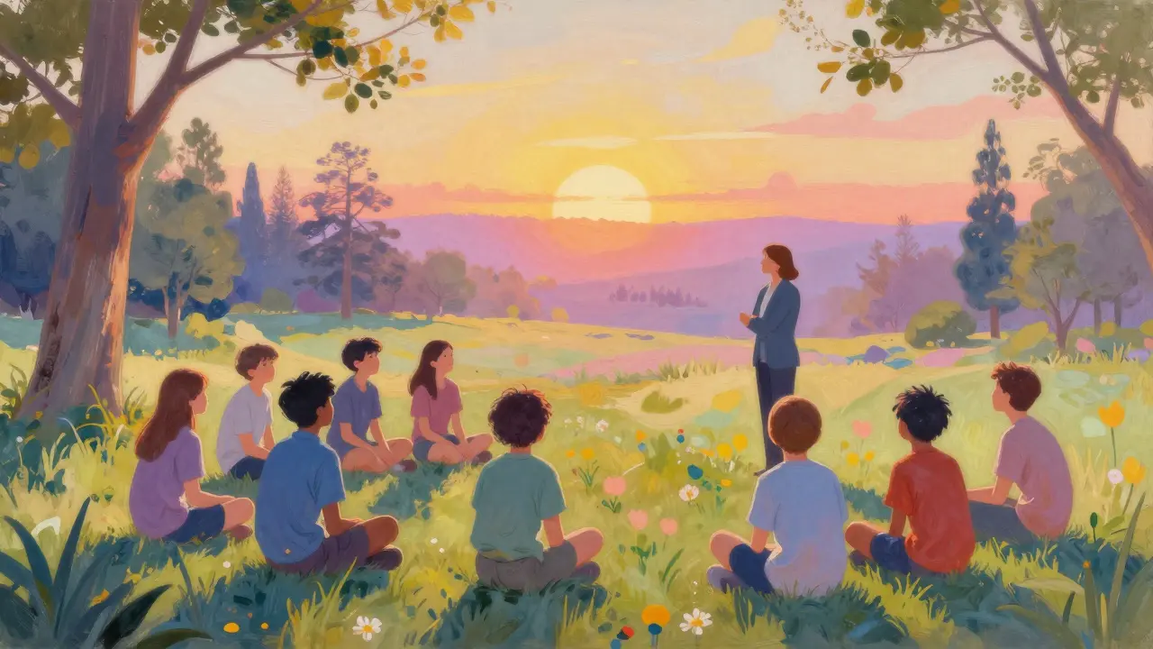 Skupina studentů s psychologem v parku při východu slunce