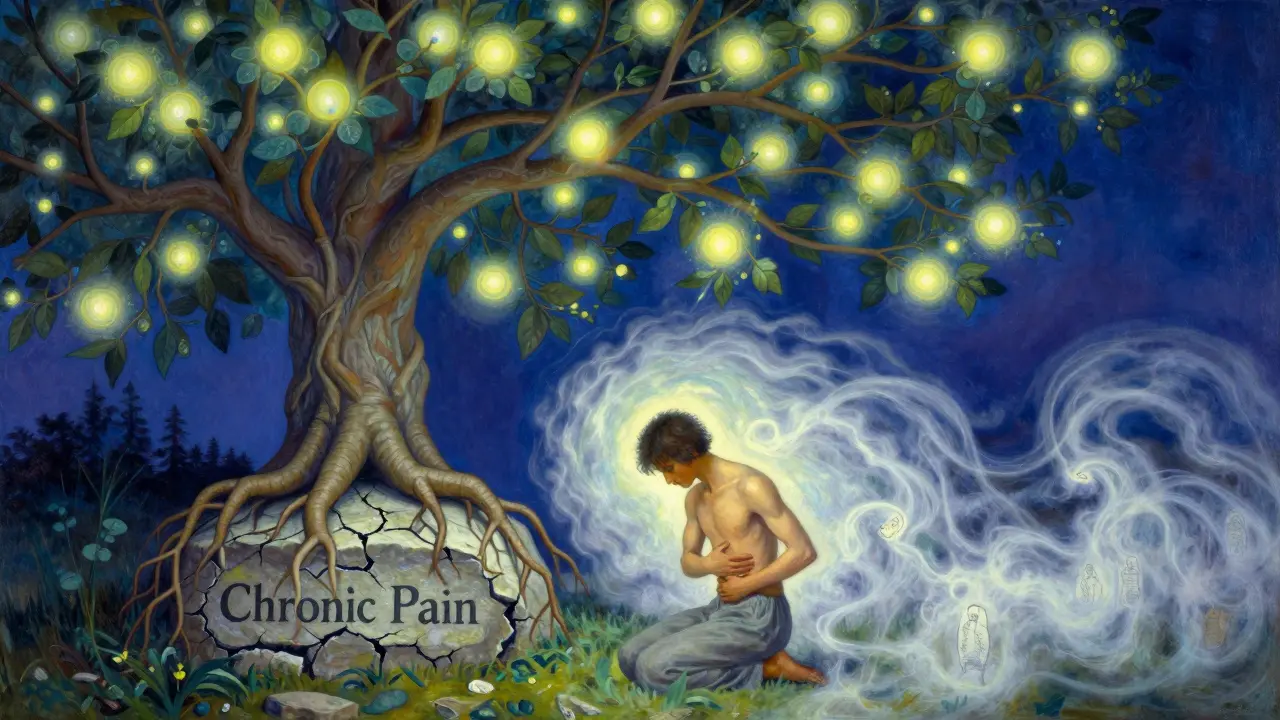 Strom s kořeny jako lidské končetiny roste z kamenů, jeho větve září, zatímco postava medituje v mlhách vzpomínek.