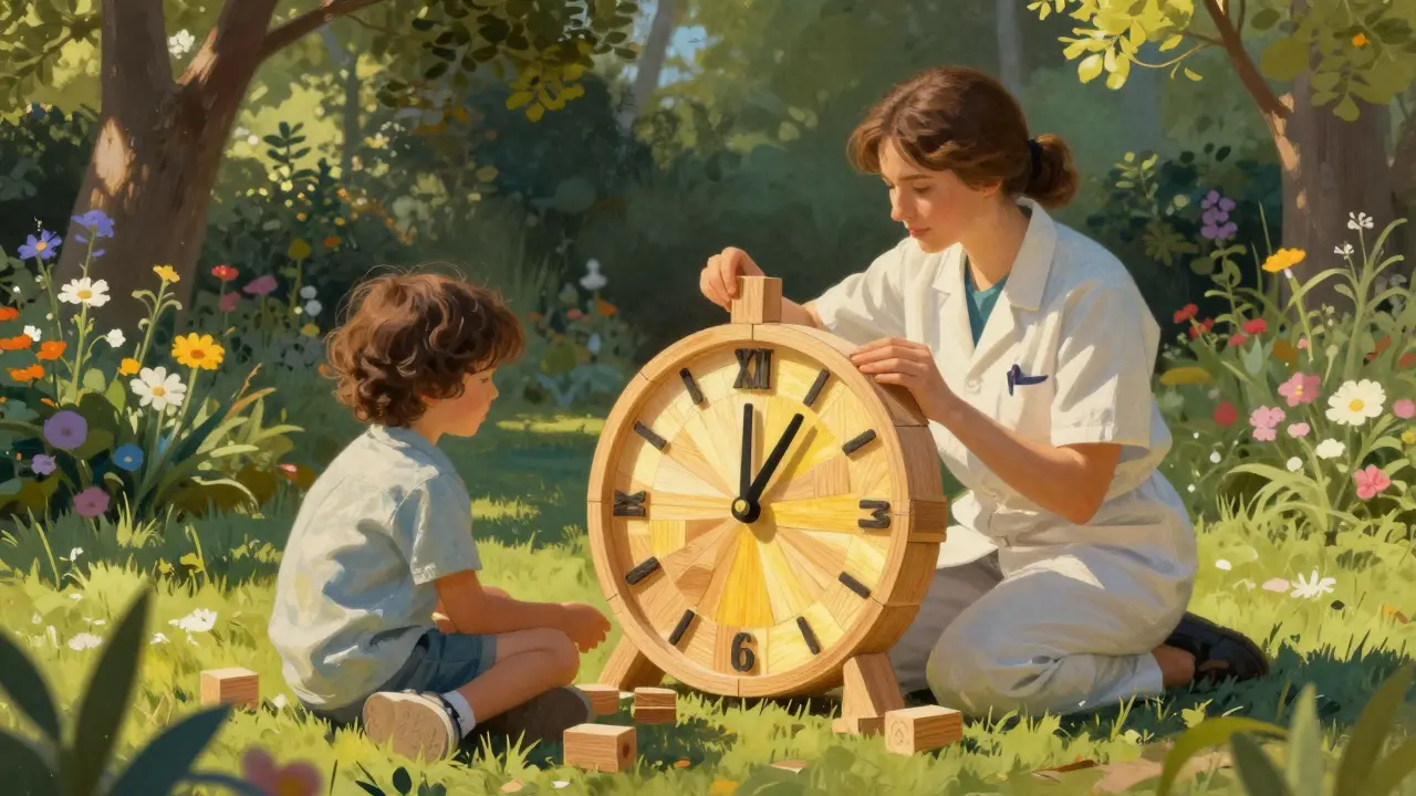 Terapeut a dítě staví hodinu z dřevěných bloků v zahradě