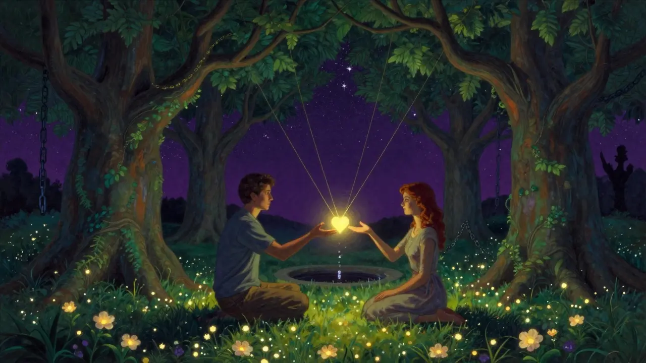 Terapeut a klient sedí pod hvězdným nebem, jejich srdce spojují zlaté nitky, kolem nich kvetou zářivé květy.