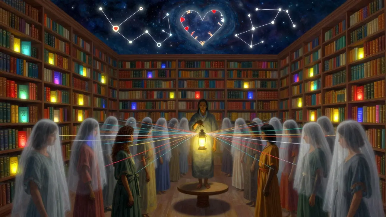 Terapeut v knihovně s duševními jazyky, kde každá kniha září jinou barvou a nitě spojují různé kultury v nebi srdcí.