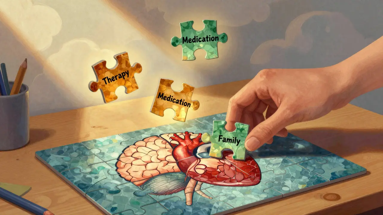 Tři doplňkové kousky puzzle — terapie, léky, rodina — se spojují do obrazu mozku a srdce.