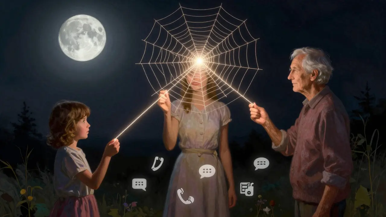 Tři lidé různých věků jsou spojeni zářivými nitěmi, které tvoří síť podpory v krizových situacích.