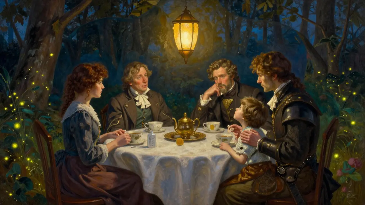 Vnitřní rodina sedí u stolu v tvaru lidského obrysu, zatímco zářivý lanternový svět osvětluje jejich setkání.