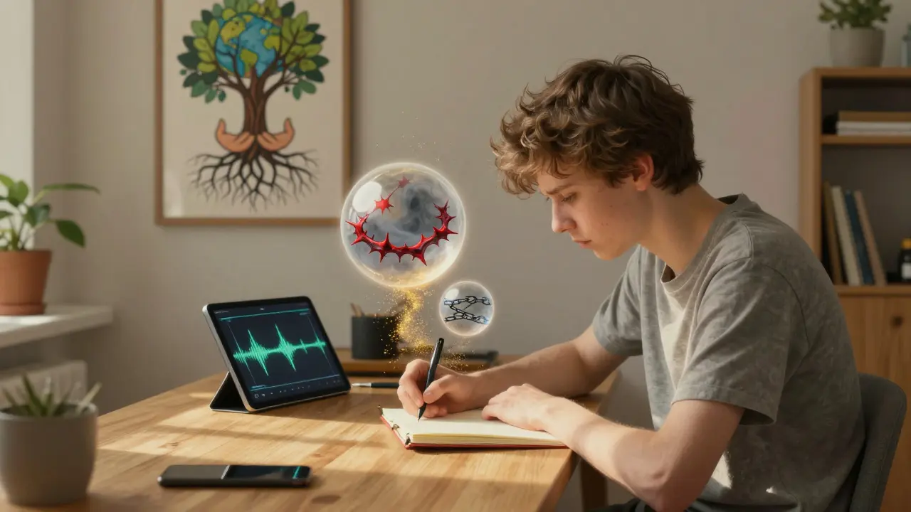 Young person writing in journal as emotional orbs dissolve into golden dust, with a calming neurofeedback display glowing softly on a tablet.