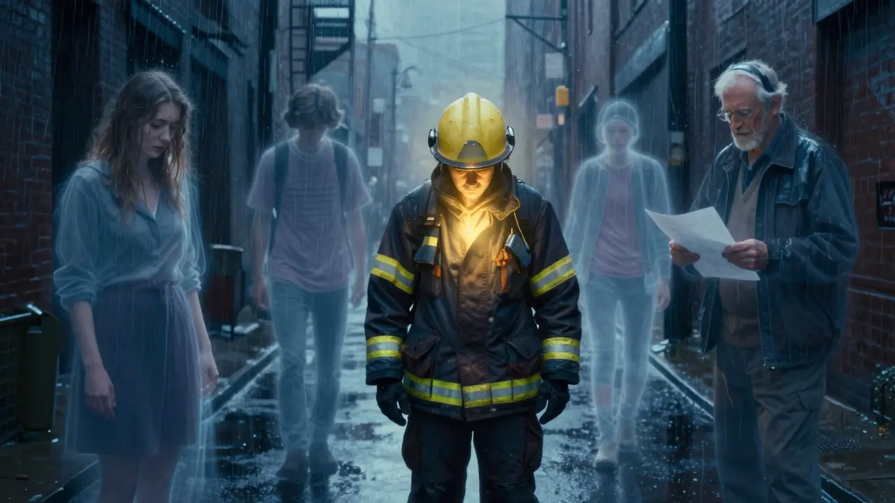 Záchranný pracovník stojí v dešti, z jeho hrudi vychází zlaté světlo, kolem něj plavou postavy, kterým pomohl.