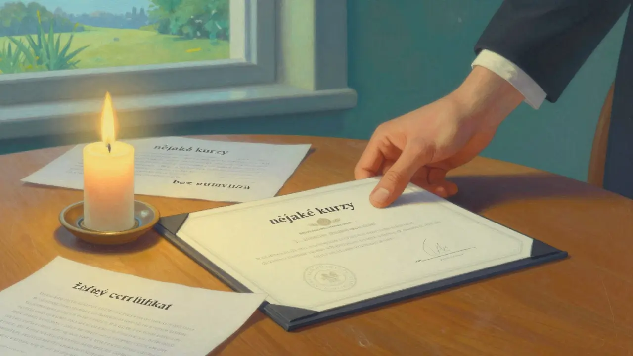 Certifikát leží na stole mezi rozpadajícími se důkazy o nekvalifikovaném výcviku, v pozadí klidný kraj.