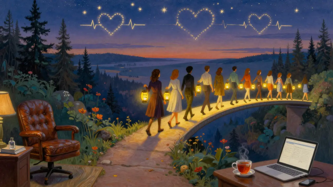 Cesta hybridní terapie s třemi stanicemi a lidmi s laternami označenými cenami.