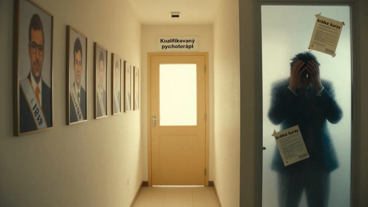 Cesta k kvalifikovanému psychoterapeutovi je osvětlena, zatímco nekvalifikovaný praktik zaniká ve stínu.