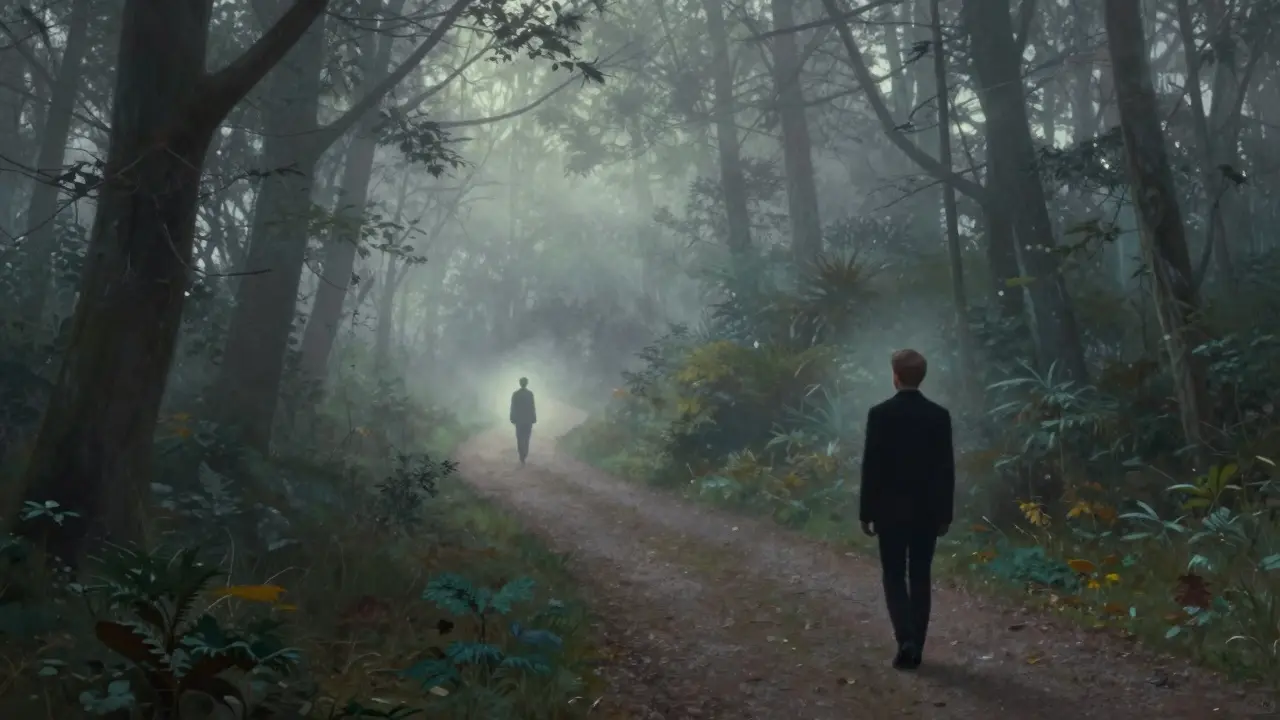 Cesta lesem s postavami jako stíny, jedna z nich se obrací a všimá si přítomnosti, která nevyžaduje nic.