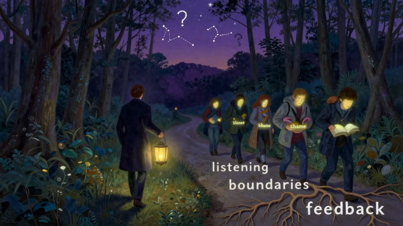 Cesta lesem s průvodcem a cestujícími, kteří nesou své vnitřní břemena pod světlem lampionu.