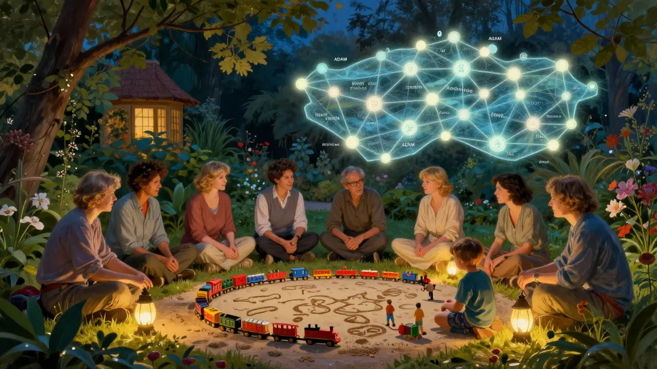 Čeští rodiče se setkávají v zahradě, zatímco děti hrají s rituály, kolem nich plavou symboly podpory.