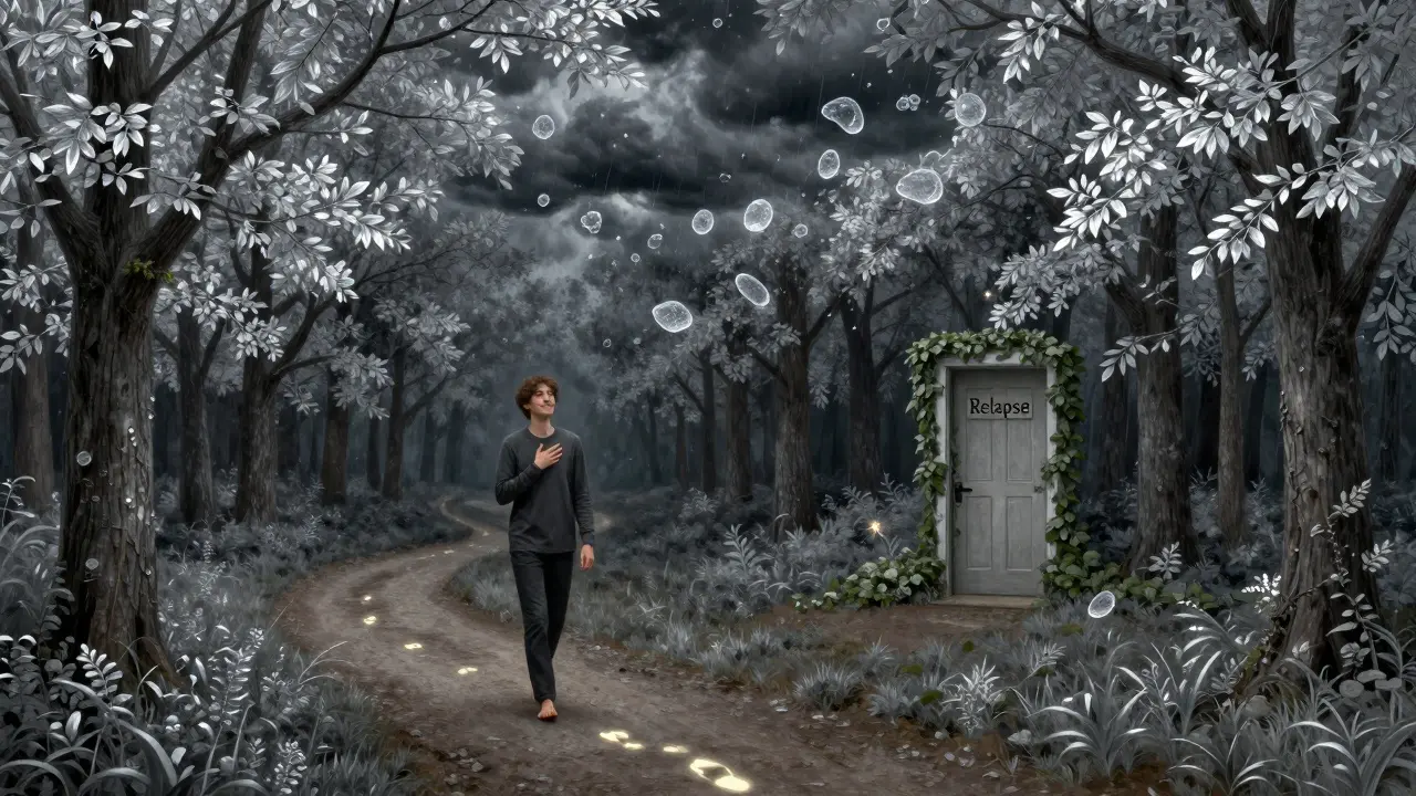 Člověk kráčí lesem, myšlenky se mění v jiskry, které se rozplynou před zemí.