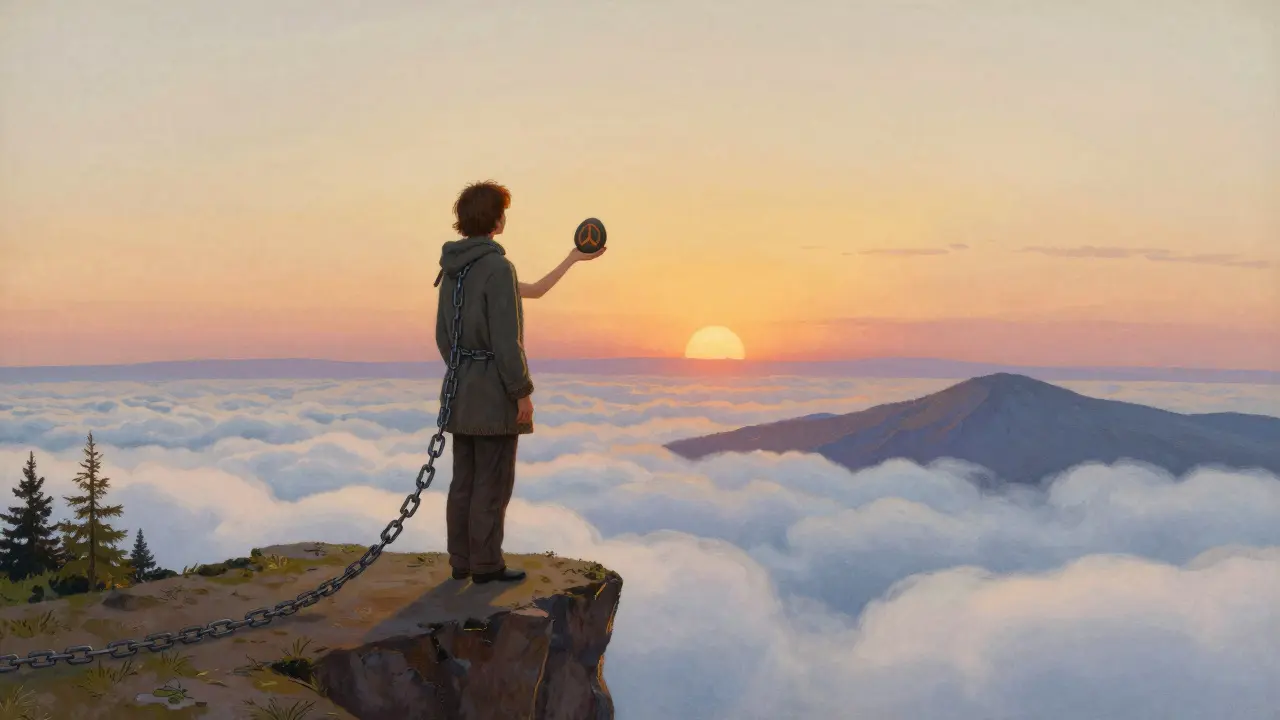 Člověk stojí na kraji skal, drží klidný kámen, za ním klidný kraj.