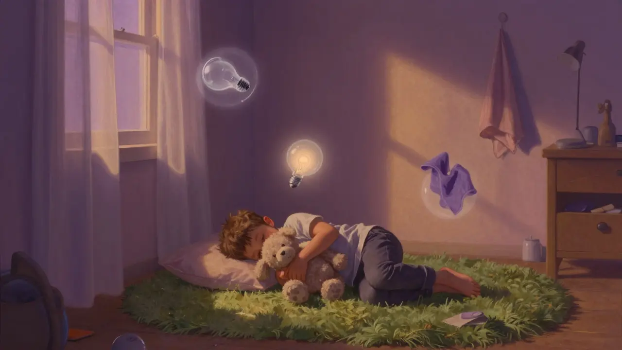 Dítě leží na texturovaném koberci v tiché ložnici, kolem něj plavou jemná světelná zobrazení smyslových podnětů.