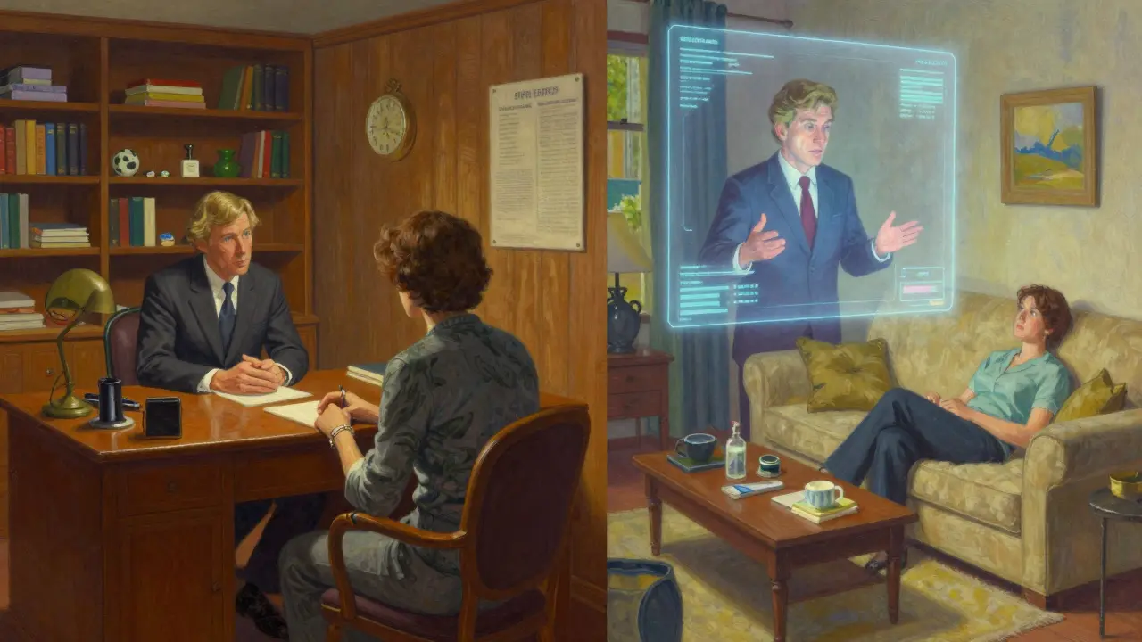 Dvě scény: osobní terapie v kanceláři a online terapie doma, obě v stejném uměleckém stylu.