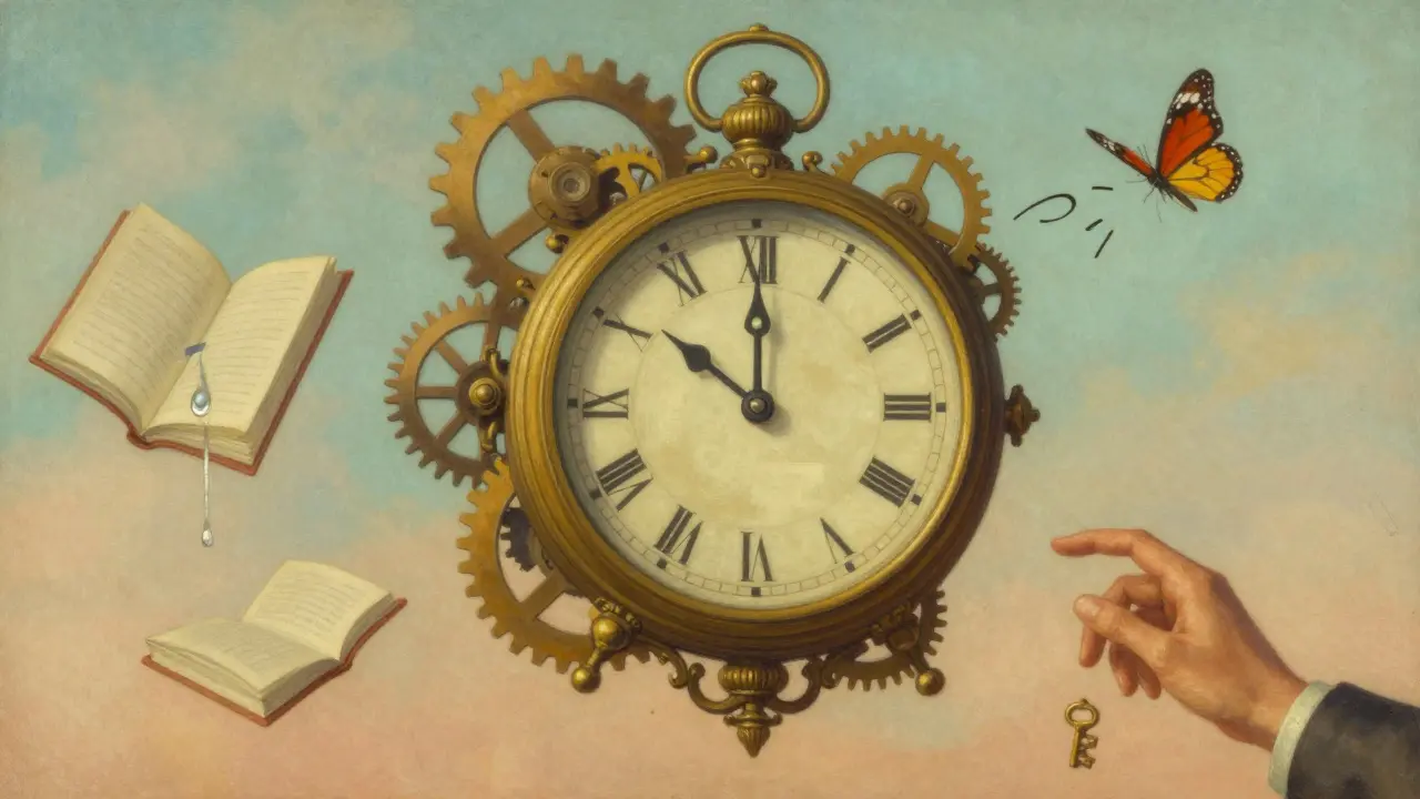 Hodiny ukazují 50 minut, kolem nich se vznášejí symboly emocí a přeměny.