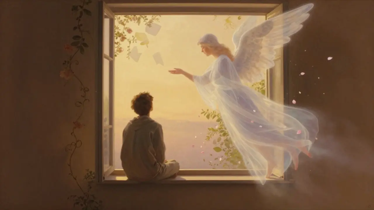 Osamělý člověk přijímá klidné přítomnost, která přeměňuje bolest v mír a naději.