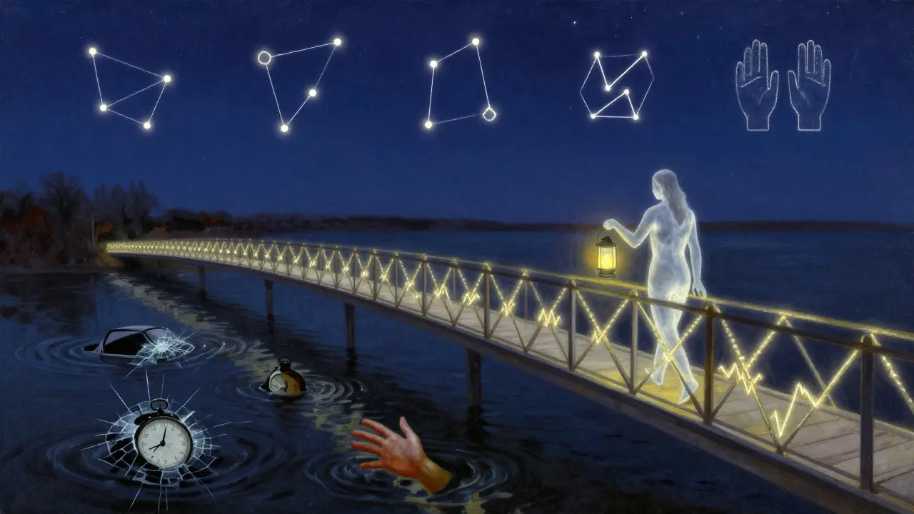 Osoba kráčí po mostě světla, vedená průvodcem, pod ní se třepetají vzpomínky, nahoře hvězdy.