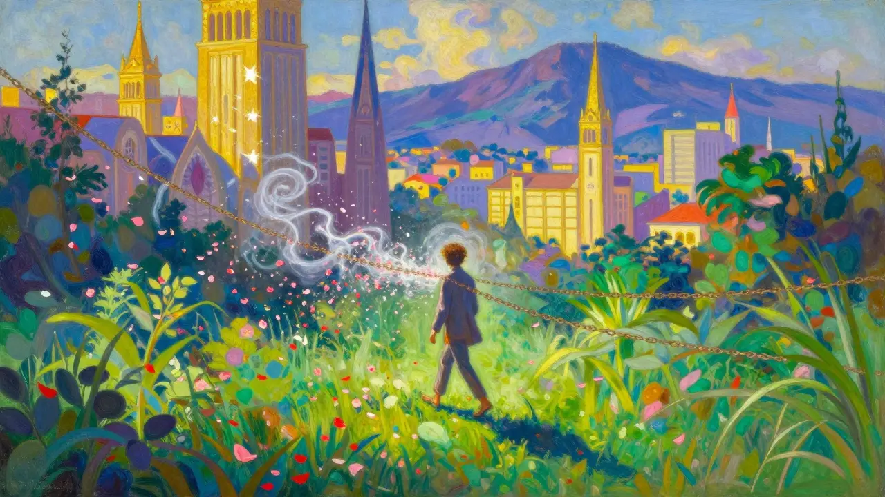 Osoba kráčí svobodně přes krajinnou scénu, kde se obsese mění v květy a kouř.