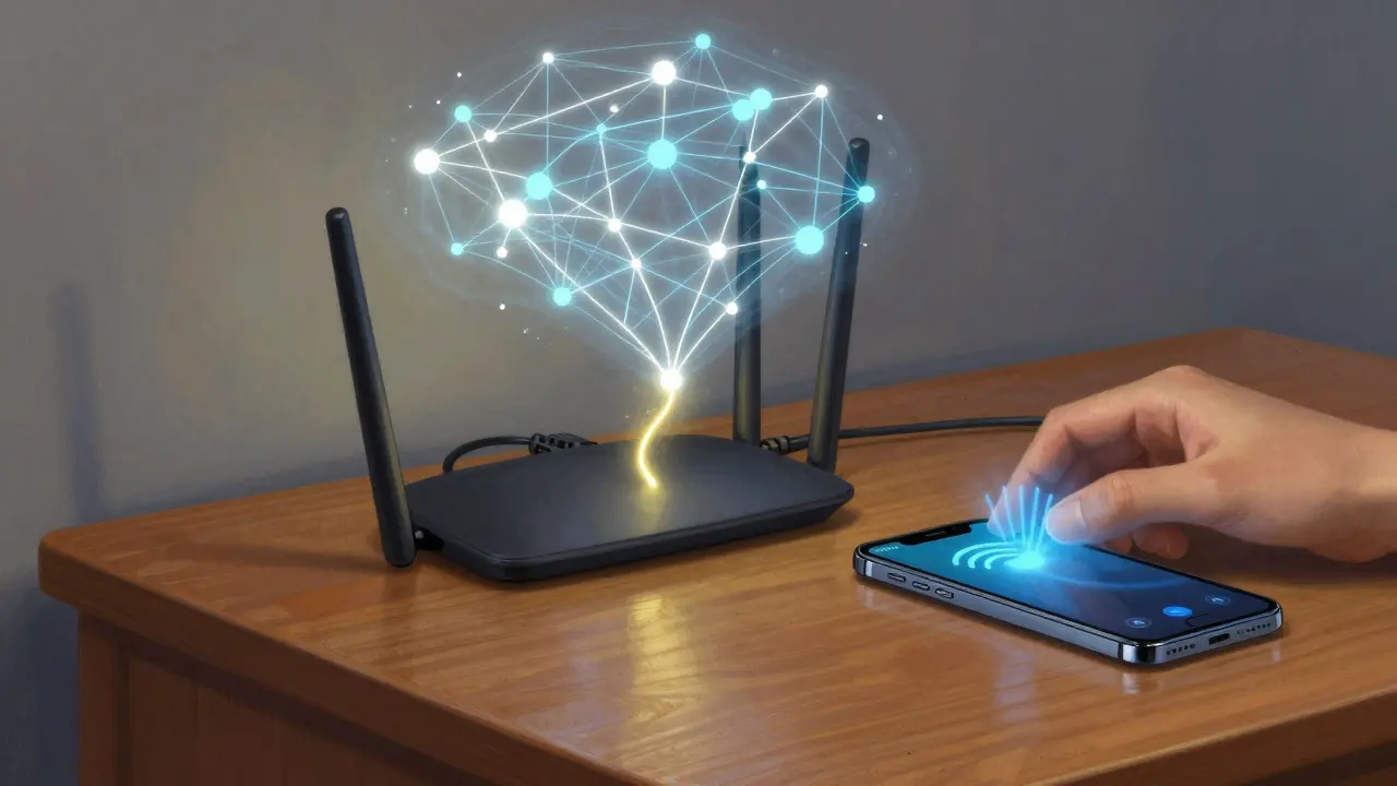 Osoba restartuje router při stole, kabel září zlatou světelnou nití, mobil ukazuje signál mobilních dat.