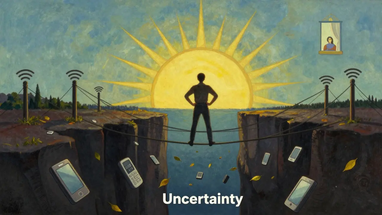 Osoba stojí na mostě z kabelů přes temnotu, za ní vzejde slunce za oknem terapeuta, symbolizující odolnost.