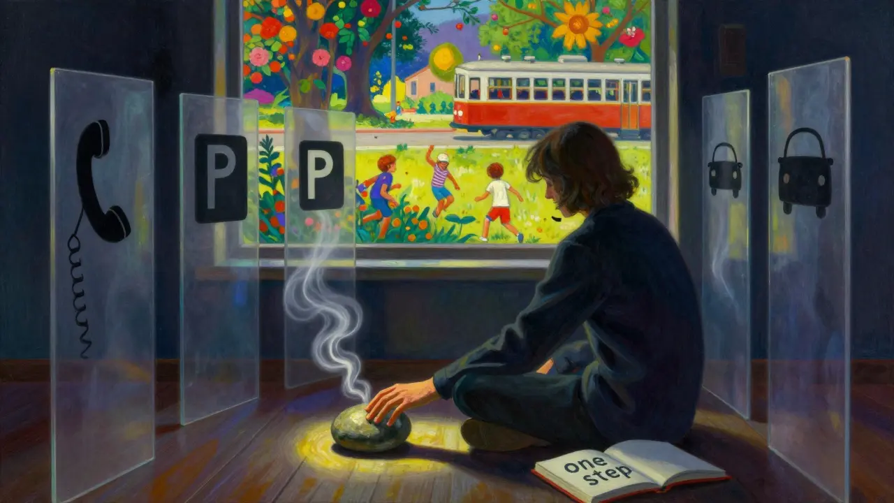 Osoba v místnosti, kde se hranice světa zmenšují, zatímco venku žije život plný barv.